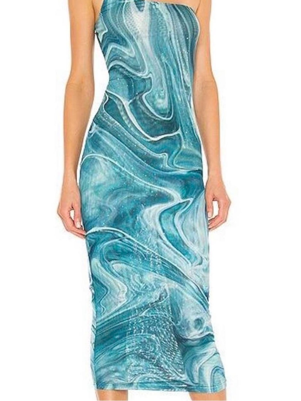 Farah Jewelry Teal Marble One-Shoulder Midi Dress